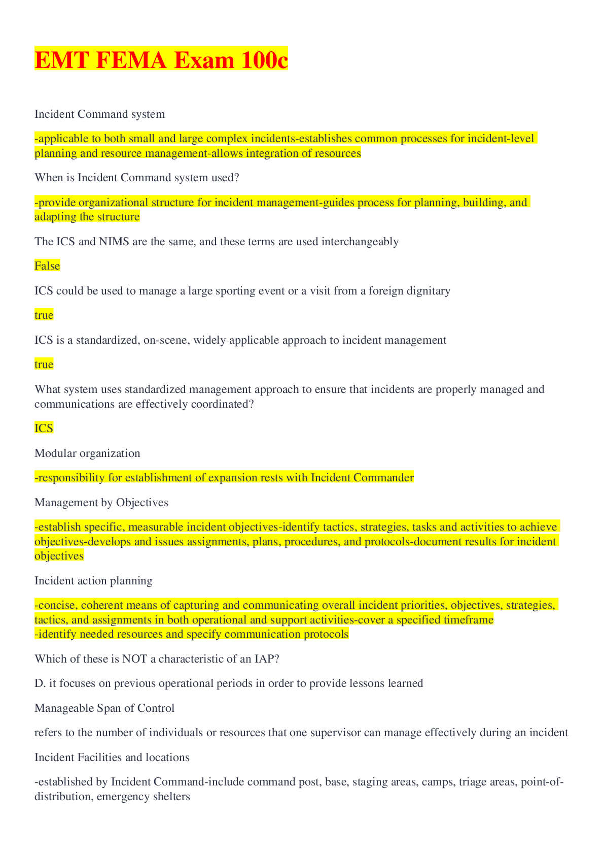 Preview image for EMT FEMA Exam 100c With complete solution